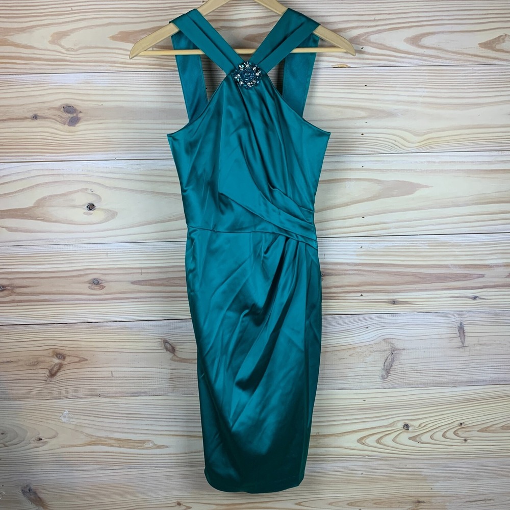 David Meister Dress 2 Satin‎ Beaded Sheath Cocktail Rhinestone Formal Prom